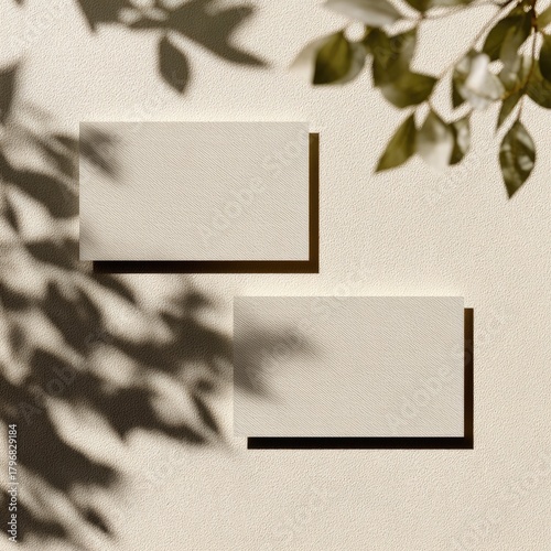 Two blank cards with leaf shadows on a light surface, soft textures and organic aesthetic