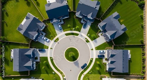 Aerial View of a Modern Suburban Cul-de-Sac Neighborhood Showcasing Elegant Homes and Landscaping