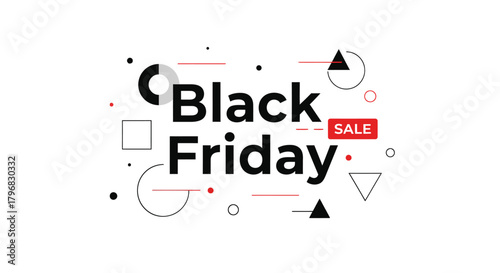 Black Friday sale banner with modern abstract geometric shapes on a white background.