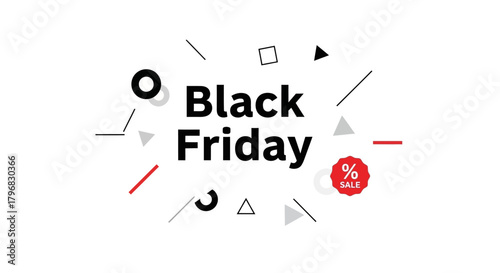 Black Friday text with abstract geometric shapes and a sale tag on a white background, indicating a promotional event.