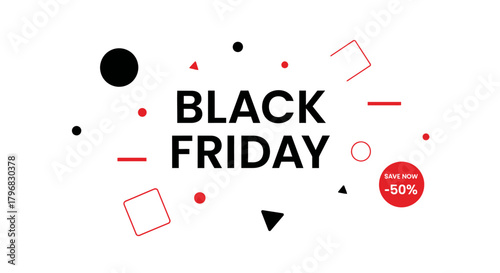 Black Friday sale advertisement with geometric shapes and a discount badge on a white background.