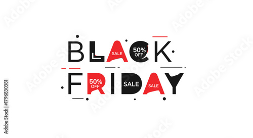Black Friday sale advertisement with red and black text on white background.
