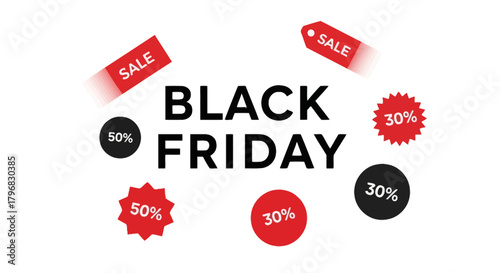 Black Friday sale promotion with discount tags and text on a white background.