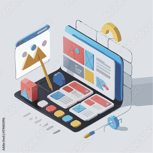 Isometric illustration of a web design and content creation workspace with UI/UX elements and digital tools.