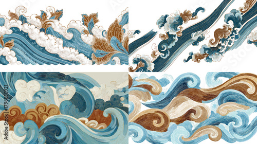 Decorative Japanese-style wave illustrations featuring foamy ocean curls, flowing water patterns, and elegant brush textures in blue and brown tones.