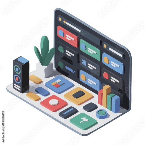 Isometric illustration of a digital dashboard with various application icons and user interface elements.
