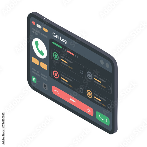 Isometric illustration of a dark mode call log interface on a tablet screen, showing recent calls and control buttons.
