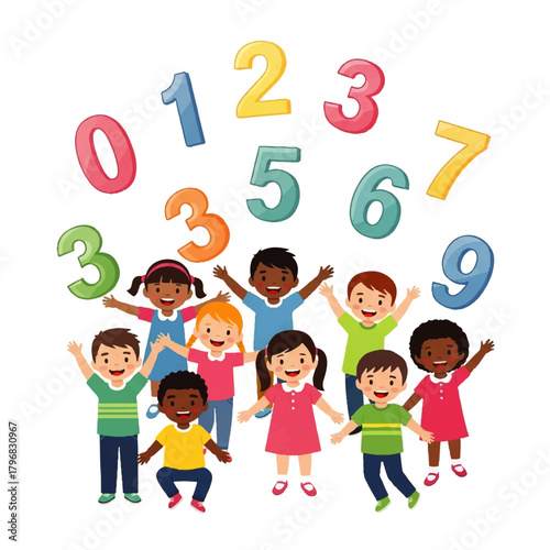 Group of diverse children smiling and learning with colorful numbers, celebrating early math and teamwork.