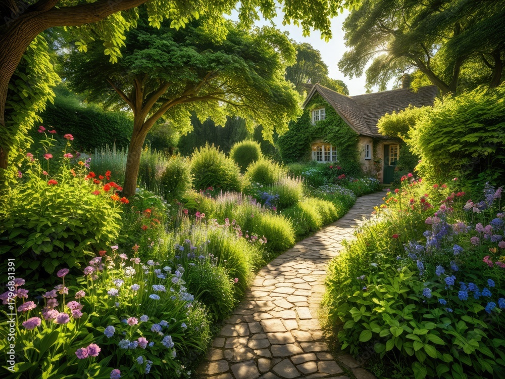 Obraz premium Enchanting Cottage Garden Path: Lush Greenery, Vibrant Flowers, and Stone Walkway in Golden Sunlight - Idyllic Countryside Scene