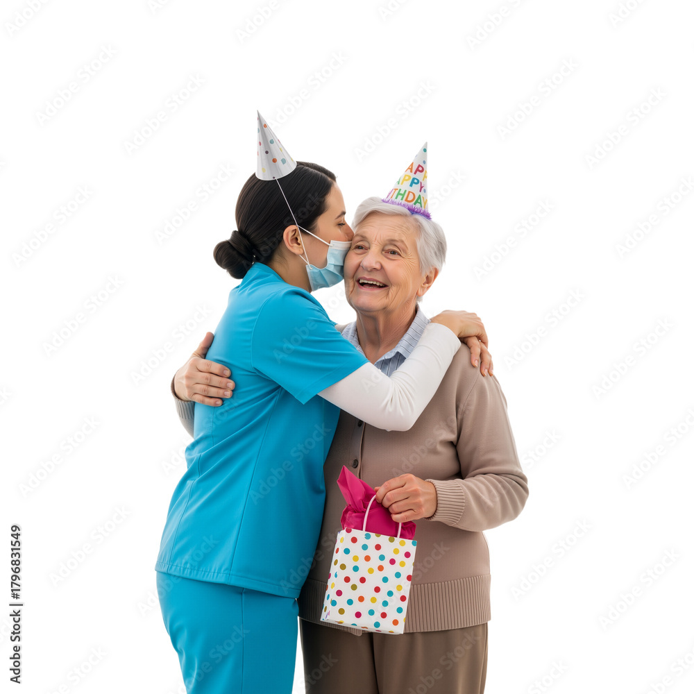 custom made wallpaper toronto digitalCaregiver and Elderly Woman Celebrating with a Hug – Joyful Moment of Togetherness and Festive Care