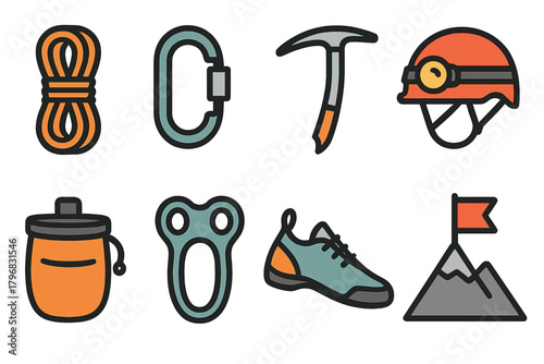 Gear for climbing activities and outdoor adventures featuring tools and safety equipment