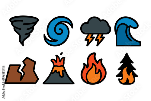 Various natural disaster icons representing storms, volcanic eruptions, and wildfires in a colorful and simple design