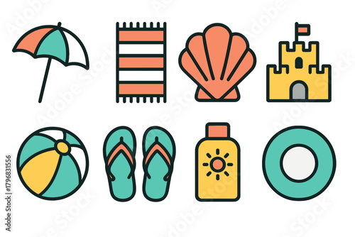 Summer beach essentials including umbrella, towel, shell, sandcastle, ball, flip-flops, sunscreen, and float