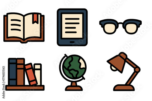 Collection of educational tools including books, e-reader, glasses, globe, and lamp for studying and learning at home