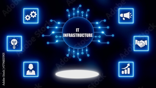 Digital network connecting icons for IT infrastructure with central text and glowing blue circuit board elements
