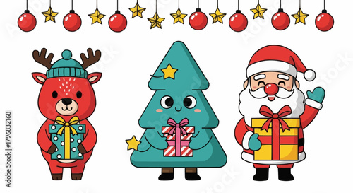 Festive Christmas illustration featuring a cute cartoon Santa Claus, a reindeer, and an anthropomorphic tree, all holding gifts under a garland.