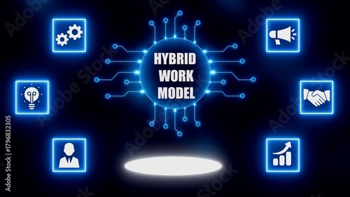 Hybrid Work Model concept with icons and glowing circuit board on dark background remote work flexible work