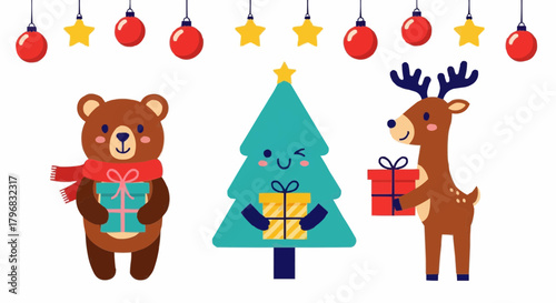 Festive Christmas illustration with a cute bear, reindeer, and winking tree holding presents under holiday ornaments.