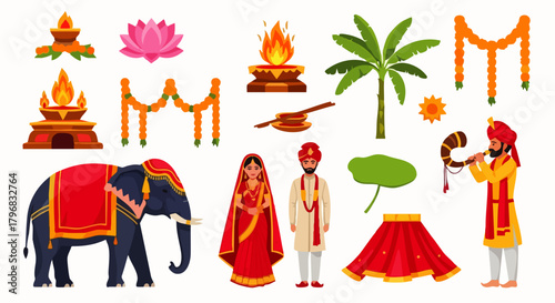 A collection of flat vector illustrations of several isolated Indian Hindu wedding elements. Perfect for culturally themed designs, wedding invitations, or festival illustrations.