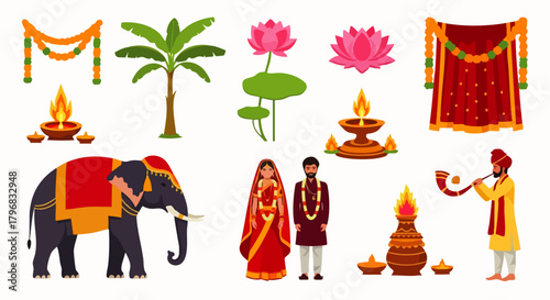 A collection of flat vector illustrations of several isolated Indian Hindu wedding elements. Perfect for culturally themed designs, wedding invitations, or festival illustrations.