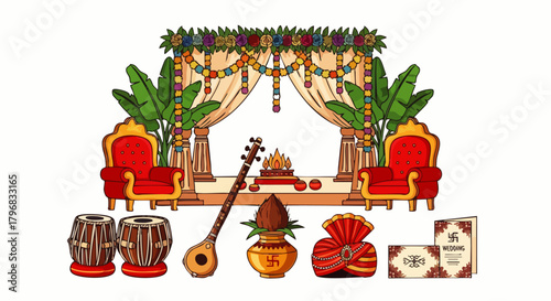 Flat vector illustration of Indian wedding mandap (stage) with Indian wedding elements