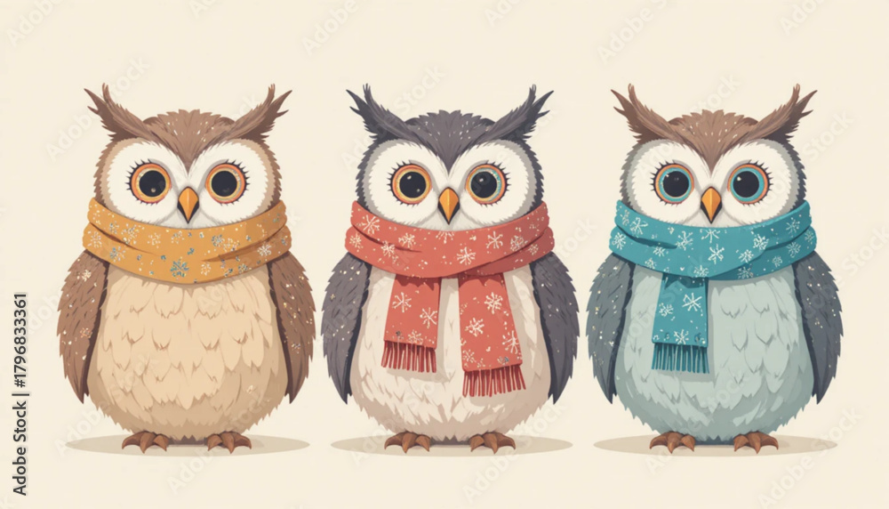 Fototapeta premium Illustration of an owl wearing a flat colored scarf on a plain background