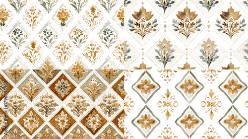 Elegant floral tile patterns in gold and neutral tones featuring ornamental motifs, botanical details, and classic geometric layouts for luxury wallpapers and decorative designs.