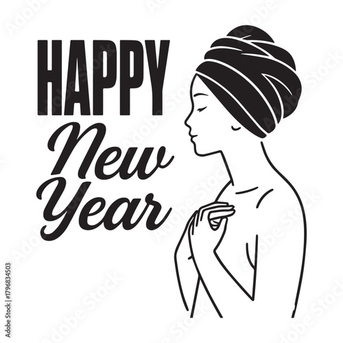  Happy New Year Greeting with Woman Praying or Meditating Wearing a Head Wrap. 