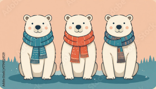 Illustration of a polar bear wearing a flat colored scarf on a plain background 