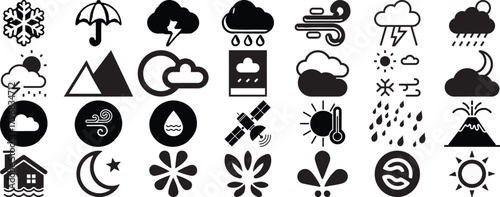 Weather Forecast Icons Set Line Vector Pack Sun Cloud Rain Snow Wind Umbrella Temperature Moon Storm Climate Glyphs Editable Stroke Monochrome