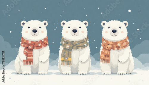 Illustration of a polar bear wearing a flat colored scarf on a plain background 