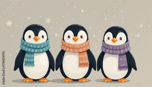 Illustration of a penguin wearing a flat colored scarf on a plain background