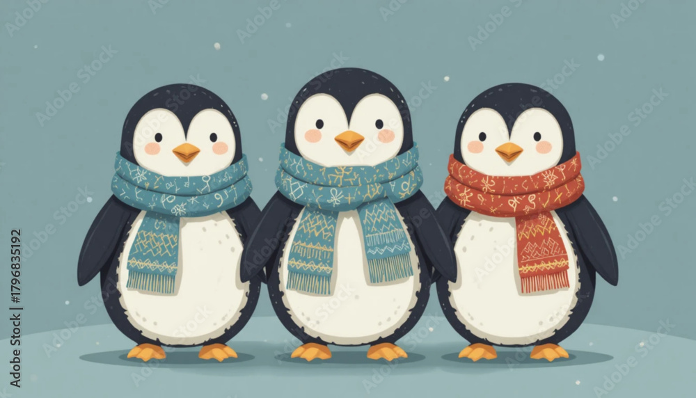 Fototapeta premium Illustration of a penguin wearing a flat colored scarf on a plain background