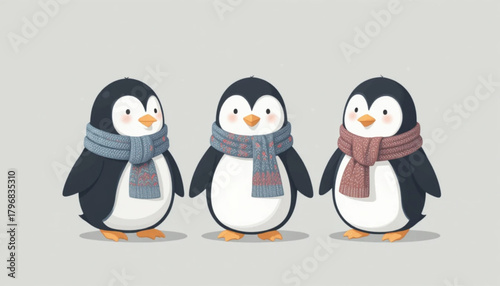 Illustration of a penguin wearing a flat colored scarf on a plain background 
