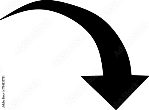 Bold curved arrow icon pointing downward, ideal for directions, navigation signs, web interfaces, infographics, and digital design elements with a clean, modern style.
