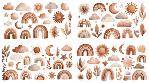 Watercolor boho rainbow and celestial set with suns, moons, clouds, stars, leaves, and abstract neutral motifs in warm earthy tones for modern nursery and decor.