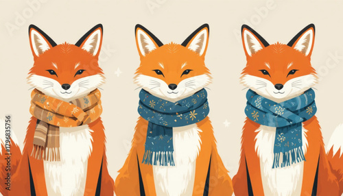 Illustration of a fox wearing a flat colored scarf on a plain background 