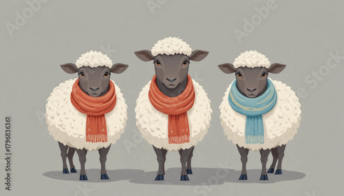 Illustration of a sheep wearing a flat colored scarf on a plain background 