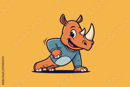 Cute cartoon rhino doing a push-up exercise.