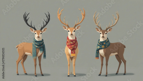 Illustration of a deer wearing a flat colored scarf on a plain background