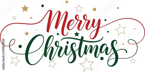 Festive merry christmas lettering with red and green calligraphy, adorned with golden stars, creating a joyful holiday greeting