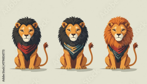 Illustration of a lion wearing a flat colored scarf on a plain background 