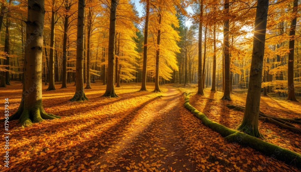 Obraz premium Golden Autumn Forest Path: Sunlight Streaming Through Trees, Fall Foliage, Scenic Woodland Walkway, Warm Tones, Nature's Beauty
