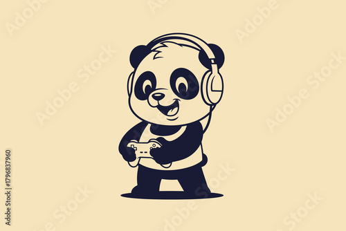 Cute Panda Character Playing Video Games with Headphones.