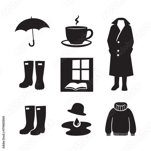  Rainy Day Essentials Umbrella, Trench Coat, Boots, Cozy Sweater, and Warm Coffee. 