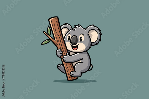 Cute cartoon koala climbing a tree branch illustration.