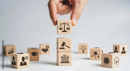 Legal Compliance and Regulatory Framework: Hand Placing the Scales of Justice Icon on Stacked Business and Law Wooden Cubes Concept for Corporate Governance, Ethics, Justice System, and Implementing R