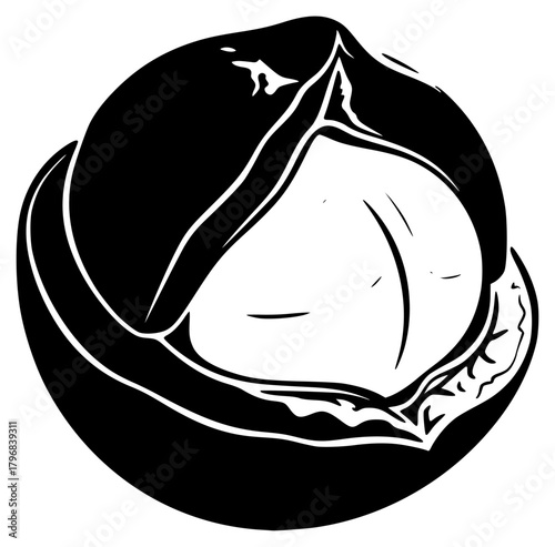 A black and white illustration of a head of lettuce in a circle, baseball glove, baseball hat, black, cap, food, illustration, image, pillow, white, against transparent background
