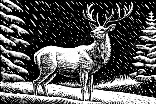 majestic white stag with crystal antlers stands in frozen silence under twinkling snowflakes, symbol of purity and divine winter spirit
