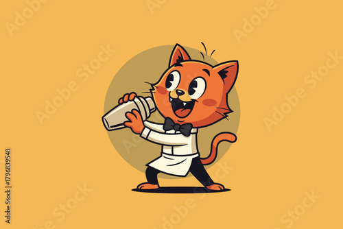 Cute cartoon cat bartender making a drink.